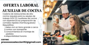 Oferta laboral para auxiliar de cocina con requisitos y correo de postulación