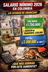 Salario mínimo 2026 en Colombia con auxilio de transporte y total de $2.000.000 mensuales.