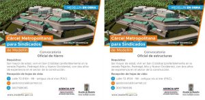 Convocatoria laboral Cárcel Metropolitana para Sindicados de Medellín para oficial de estructuras y oficial de hierro