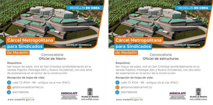 Convocatoria laboral Cárcel Metropolitana para Sindicados de Medellín para oficial de estructuras y oficial de hierro
